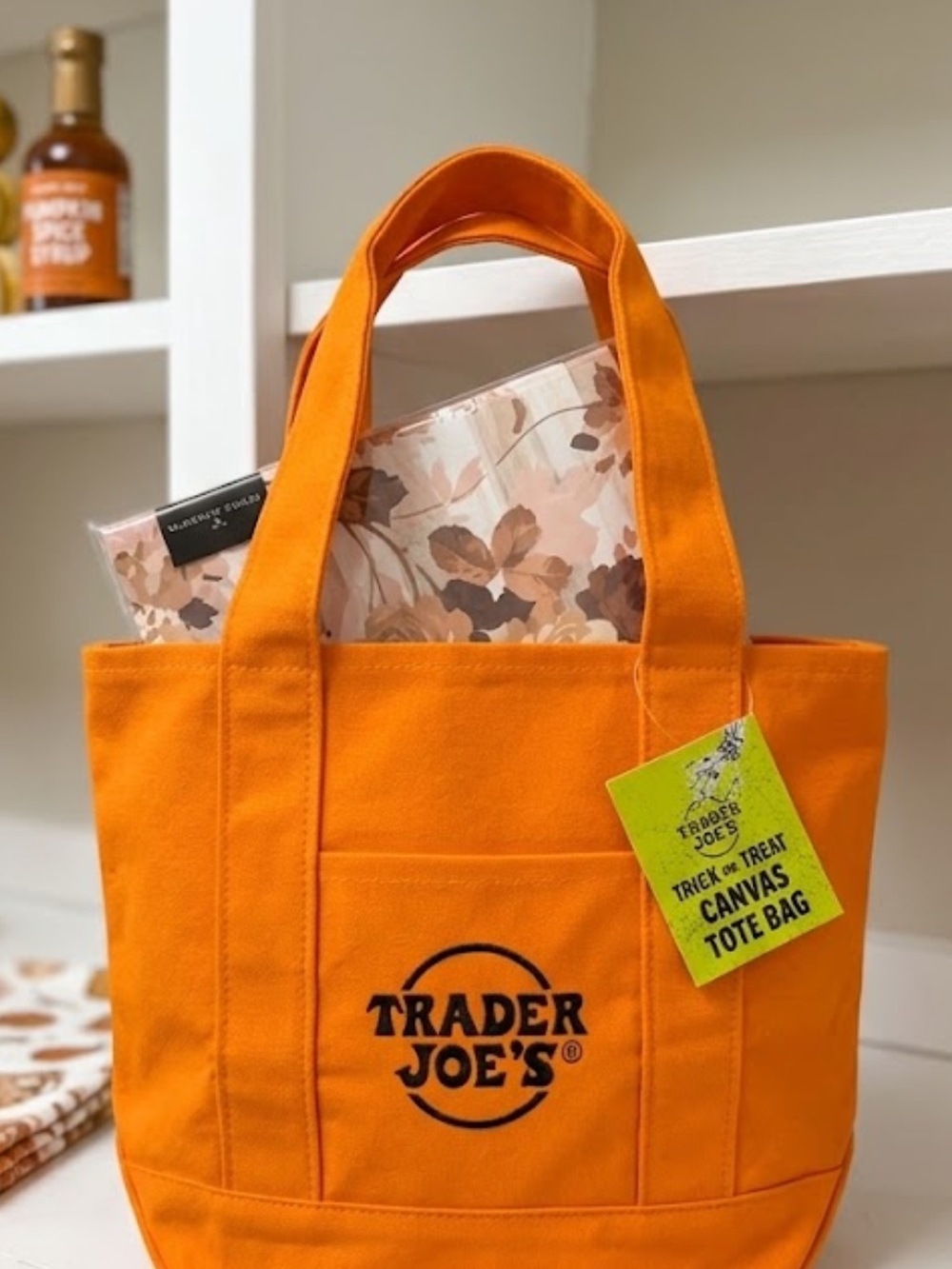 Trader Joe's Orange Canvas Tote Bag with Front Pocket & McKenzie Childs Napkins